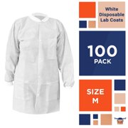 White Disposable Lab Coats, 40 GSM SMS with 3 Pockets, 100 Count, Medium