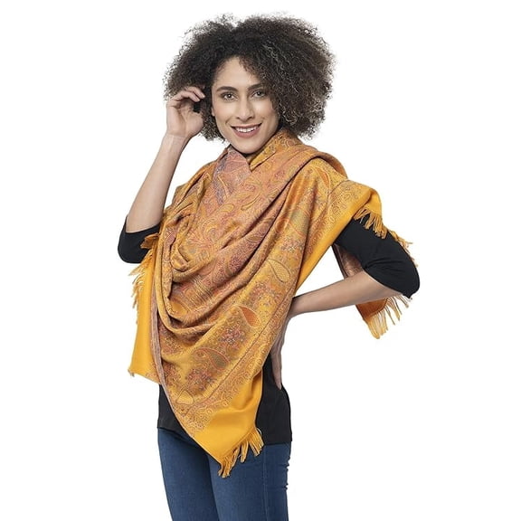 Weavers Villa Women's Pashmina Wool Blend Indian Handicraft Woven Shawls, Scarf, Wraps [Large Size: 40" X 80"] (Large, Mustard)