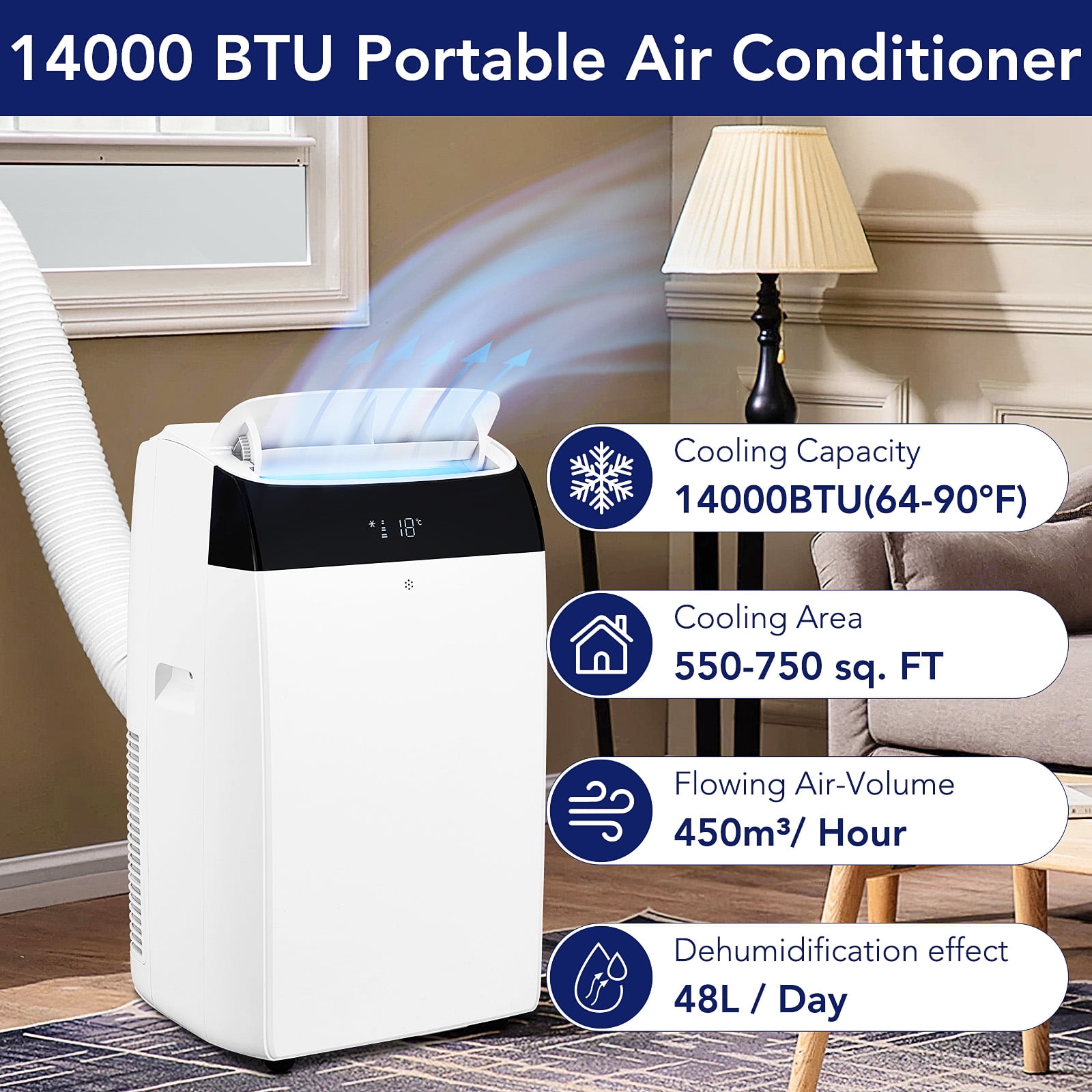Powerful 14,000 BTU 3-in-1 Portable Air Conditioner – Cooling, Dehumidifier & Fan – Ultra-Quiet, Energy Efficient – Remote & 24H Timer – White Top Cover