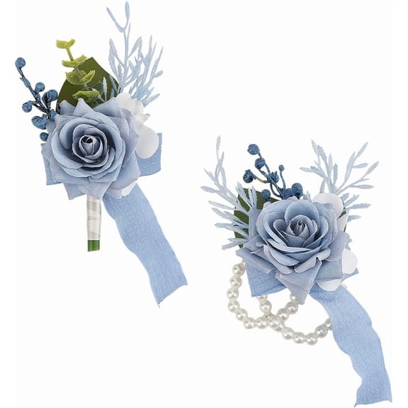 2Pcs Wrist Corsage and Boutonniere Set for Wedding Prom 2 Styles Blue Rose Boutonniere Wrist Corsage Bracelets with Pearl Wristlet Band for Men Bride Bridesmaid Mother Party for DIY