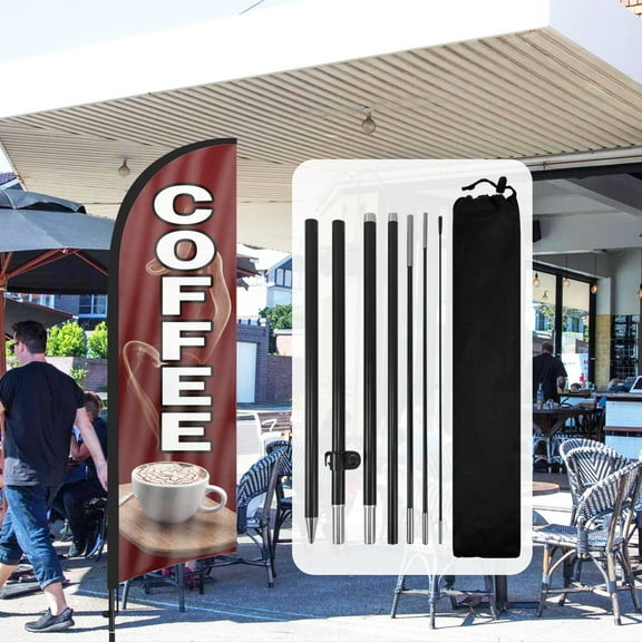 QSUM Coffee Feather Flag and Pole Kit 8.2FT Coffee Signs for Business Swooper Flag Advertising Flag for Coffee Store shop