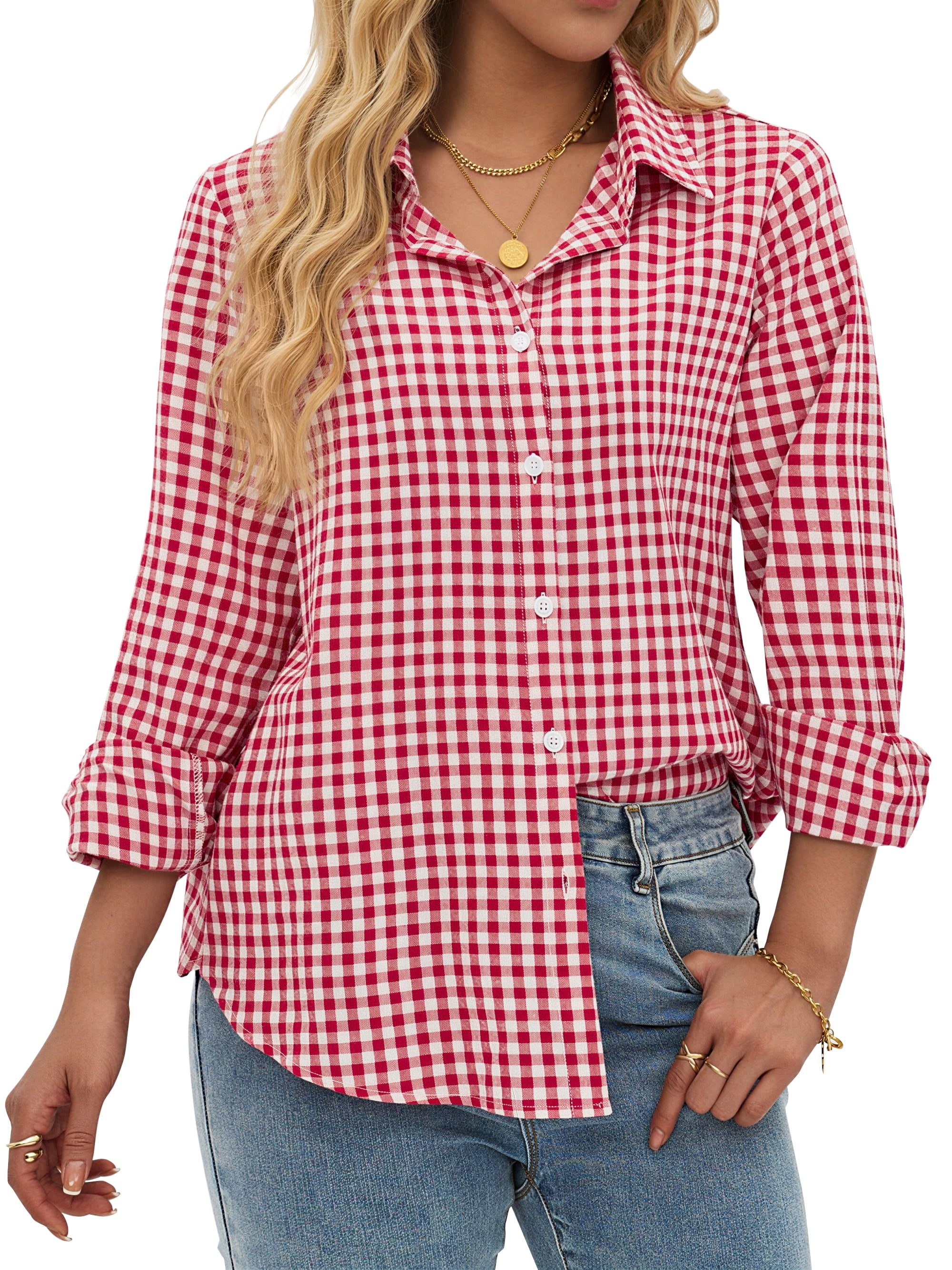 Fantaslook Plaid Button Down Shirts for Women Dressy Casual Long Sleeve Shirts Collared Work Blouses Tops