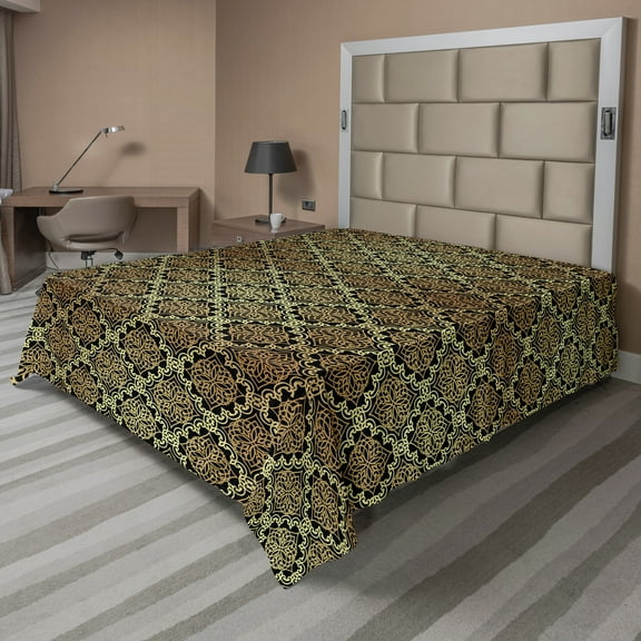 Ambesonne Abstract Flat Sheet, Oriental Damask Motifs, Full Size, Charcoal Grey Almond