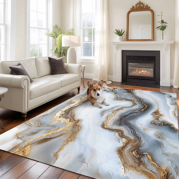5'x8' Area Rugs, Modern White Gold Indoor Outdoor Area Rug for Living Room Bedroom, Abstract Geometric Marble Printed Washable Bathroom Rugs Kitchen Floor Carpet Mats Home Decor Aesthetic