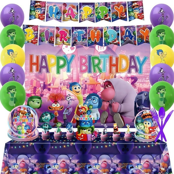 96PCS Inside Out cartoon birthday decorations, party supplies set includes banners, tablecloths, backdrops, balloons, plates, cake cupcake decorations, boy and girl cartoon theme party tablecloths