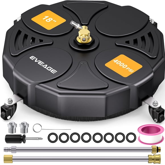 Hidrolavadora EVEAGE de 18" con ruedas, accesorio limpiador de superficies de 4000 PSI con conexión rápida de 1/4", 2 varillas de extensión para limpieza de entradas, aceras y patios, BK18