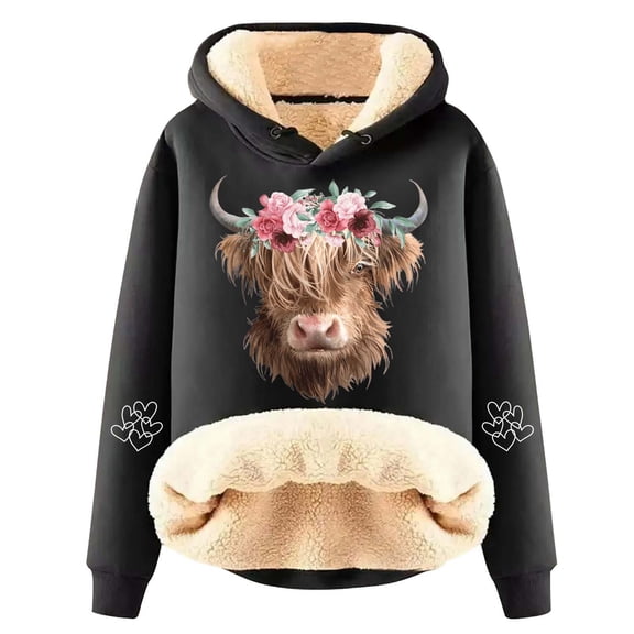 Women's Hooded Sweatshirt Thick Long Sleeve Highland Cattle Print Hoodies 2025 Pullover Casual Sweaters Winter Y2k Clothes