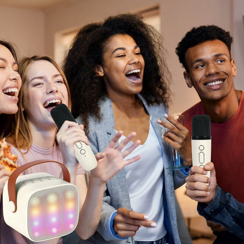 TOPCHANCES Mini Karaoke Machine for Kids, Portable Bluetooth Karaoke Speaker with 2 Wilreless Microphones and Dynamic Lights, Ideal Gifts for Girls Boys Home Party ( Beige )