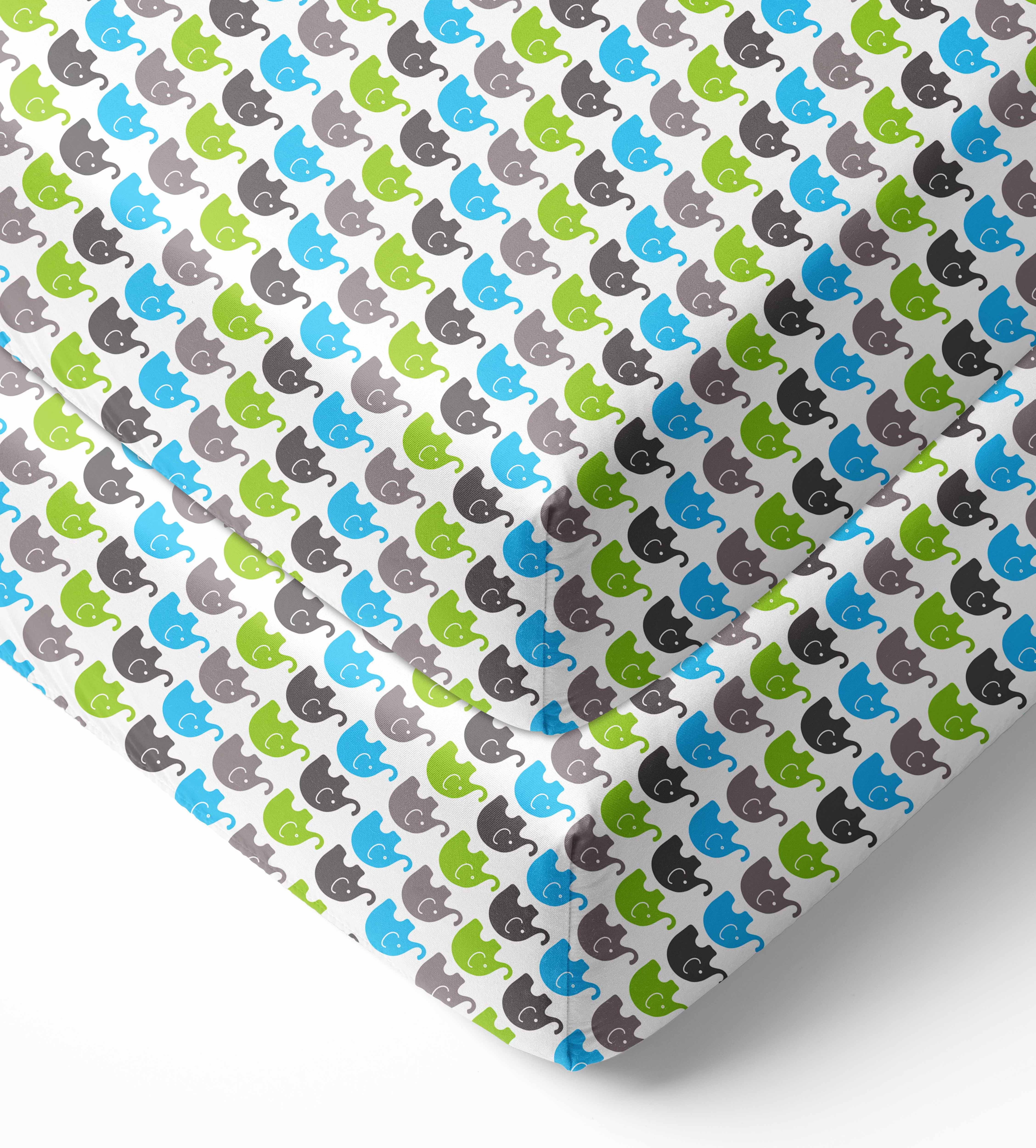 Bacati Aqua, Lime & Grey Mini Elephants Crib Fitted Sheets 2 ct Package