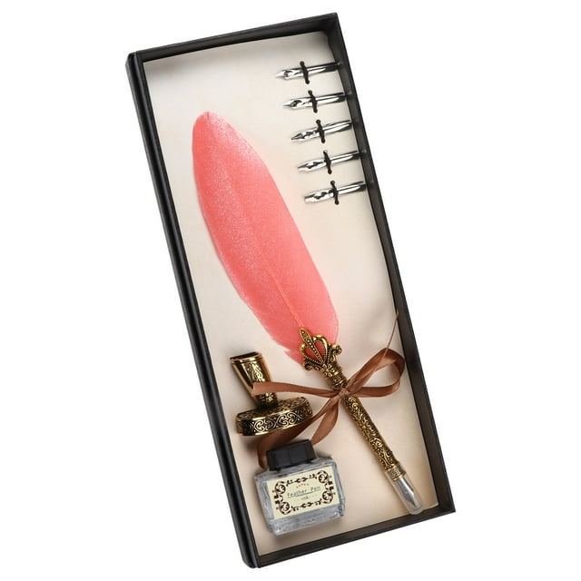 Retro Carved Feather Pen Set with Stainless Steel Writing Suit, Replacement Pen Nib Signature Gift, Table Decoration
