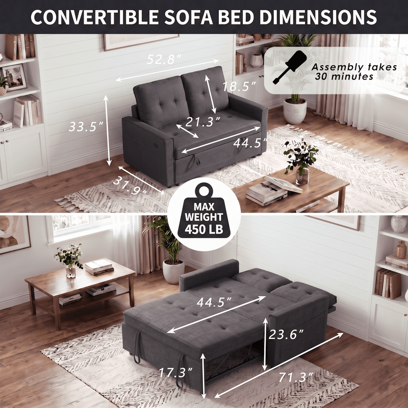 Gewnee 53” Sofa Bed, 3 in 1 Convertible Loveseat Sleeper Sofa, Pull Out Couch with USB Port, Futon Sofa Bed with Storage Pockets for Small Spaces, Teddy Fabric,Gray