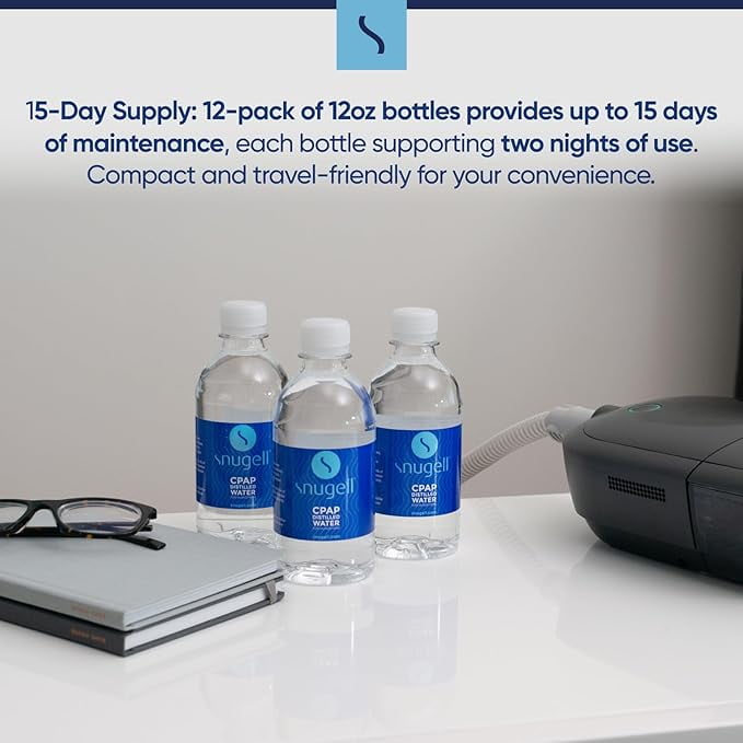 Distilled Water for CPAP Machines by Snugell (12-Pack, 12 oz) – Up to 15 Days Supply – Compact, Travel-Friendly, Clean and Multi-Use