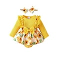 thumbnail image 1 of Kmbangi Newborn Girl Outfit Long Sleeve Crew Neck Flower Print Lace Patchwork Romper with Hairband Spring Fall Clothes for 0-12M, 1 of 9