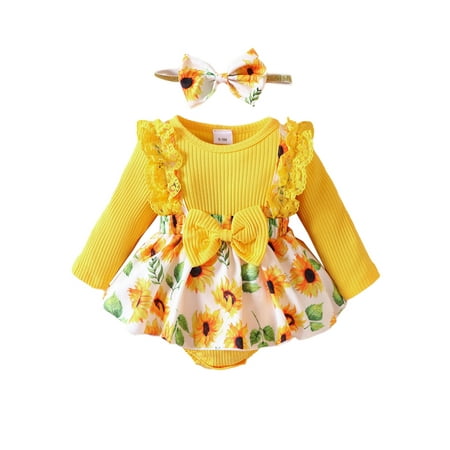 

jaweiwi Newborn Baby Girl Bodysuit Dresses 0 3M 6M 9M 12M Long Sleeve Crew Neck Flower Print Lace Patchwork Romper with Hairband Fall Clothes