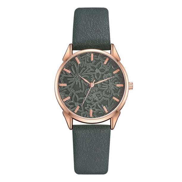 Fiudx Ofertas Flash Del Día Solo En Línea Conjunto De Relojes De Pulsera De Cuero Con Esfera Verde Para Mujer, Pulsera De Cuarzo
