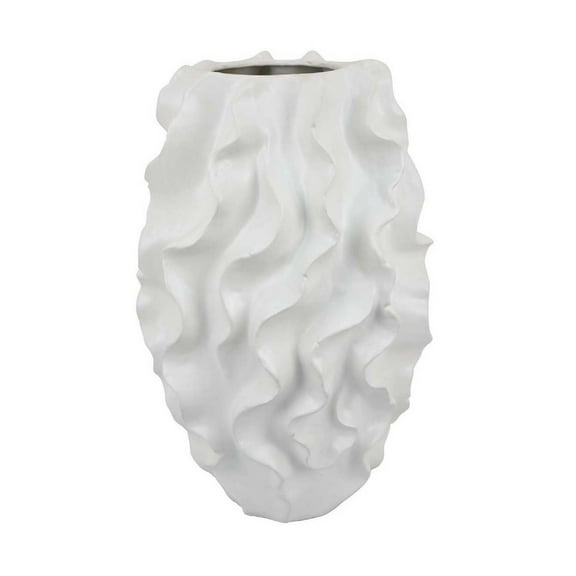 Decorative Vase, White Ceramic, Textured 19 Inch Curved Design