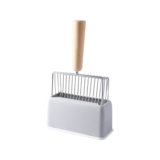 Metal Cat Litter Scoop Set with Wooden Handle, Fine Mesh Shovel & Base, Pet Cleaning Tool for Clumping Litter, Gray