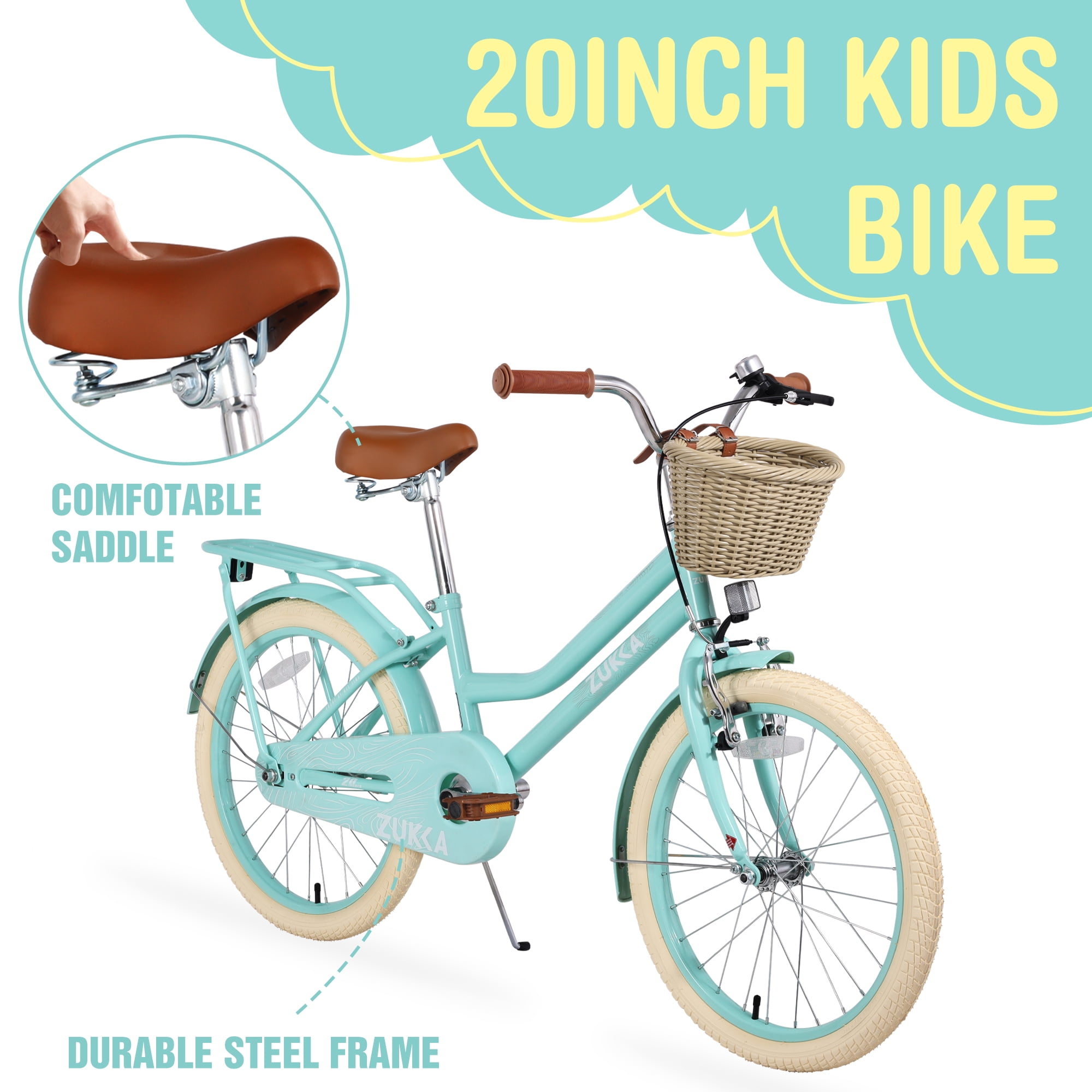 Ambifirner 20” City Bike with Basket -85% assembled, Low-Step Frame & V-Brakes, 85% Pre-Assembled for Outdoor Fun (Mint Green)​​