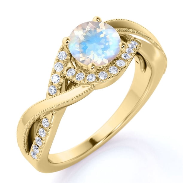 JeenMata Anillo de Compromiso con Diseño Único de Infinito de Piedra Lunar y Moissanita de Corte Redondo de 1,5 Quilates en Oro Amarillo de 18 K sobre Plata