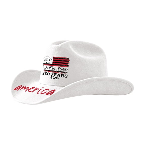Fabrcox 1776-2026 USA 250th Anniversary Cowboy Hat Western America Flag Print Freedom Patriotic Independence Day 4th of July Hat White 22.04"-22.83"
