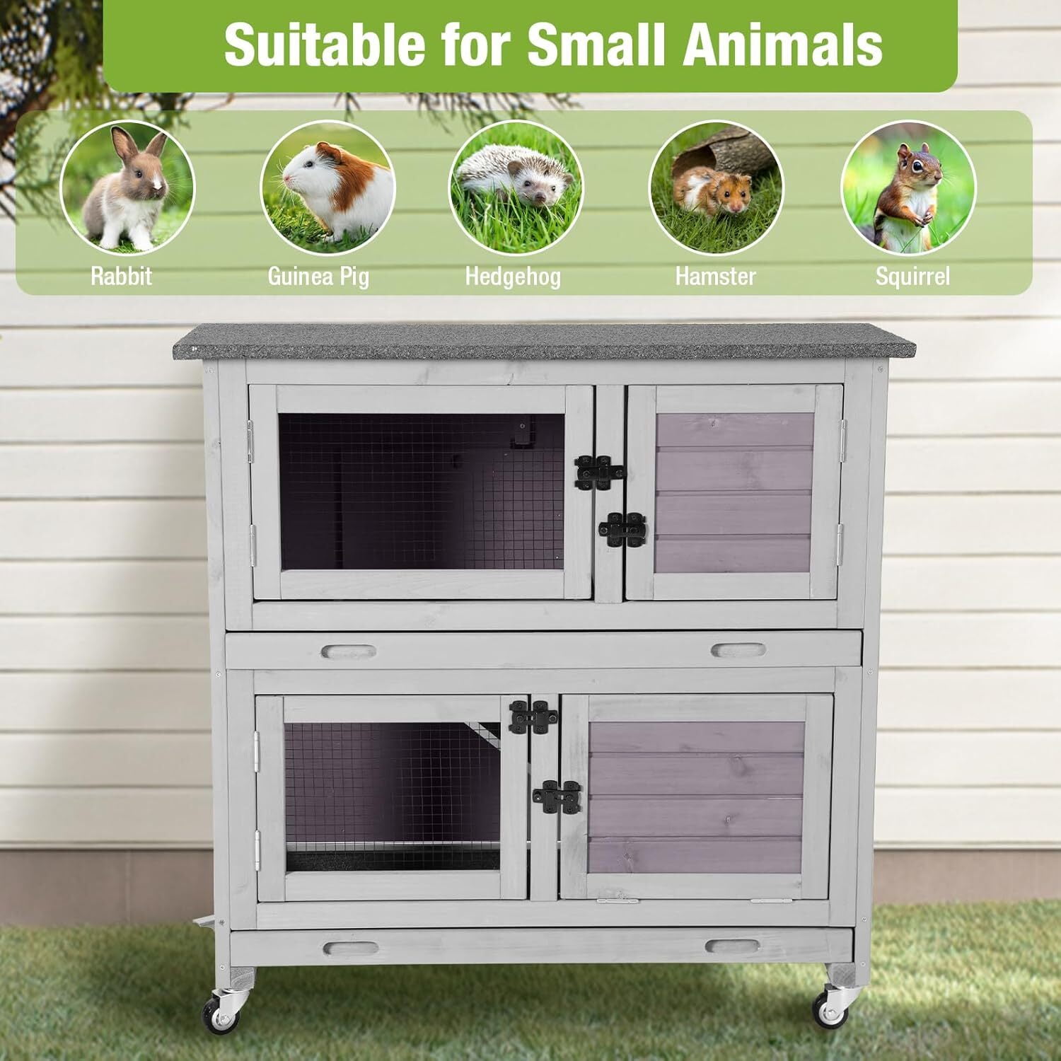 Aivituvin Rabbit Hutch Indoor, 36'' Bunny Hutch Outdoor, Mobile Rabbit Cage with Wheels, 2-Story Bunny Cage with 2 Pull Out Trays, Wooden Guinea Pig Cage (Grey)