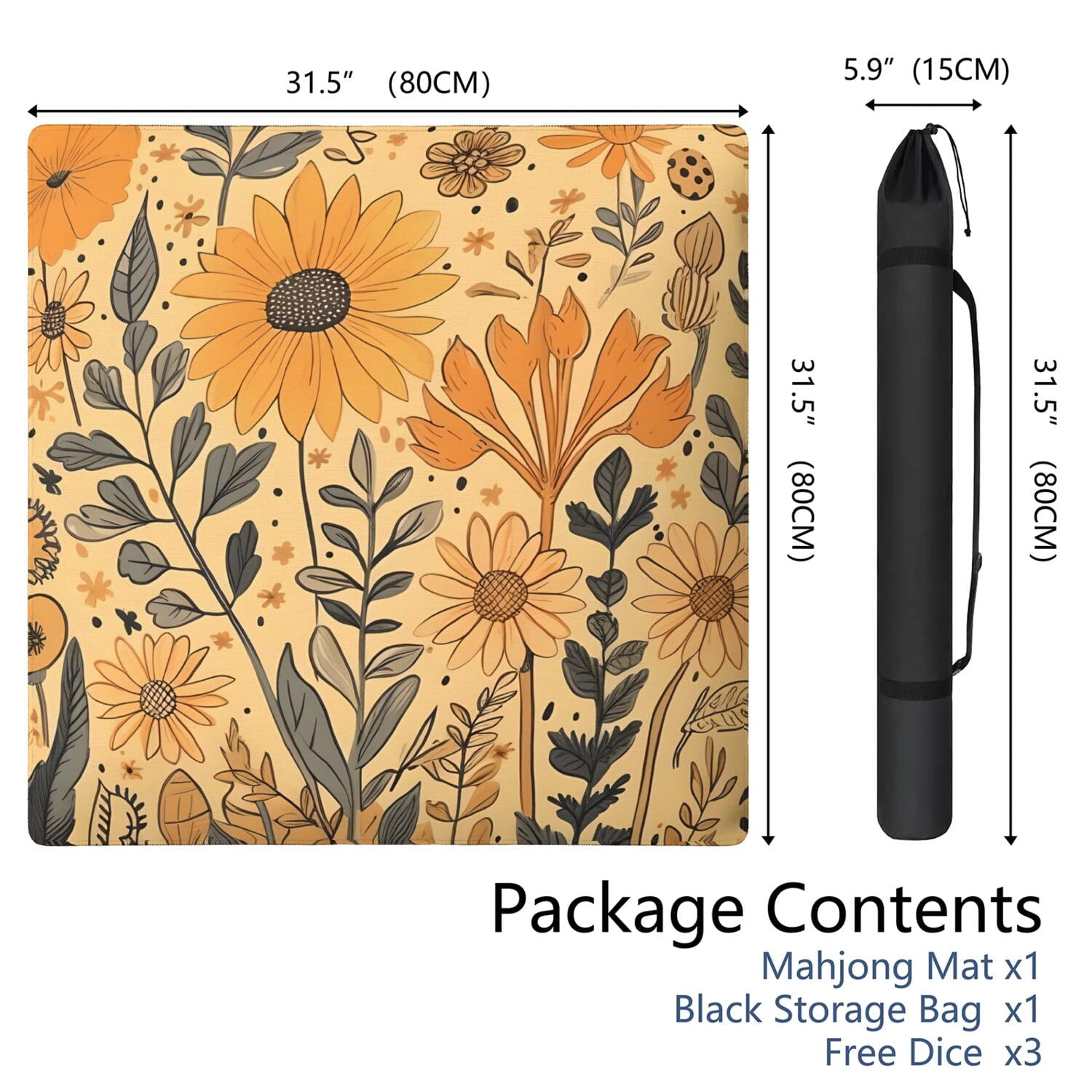 Traditional Floral Design Non-Slip Rubber Surface for Game Room 31.5 Inch Square Mahjong Playing Mat with Noise Dampening for Family Game Nights