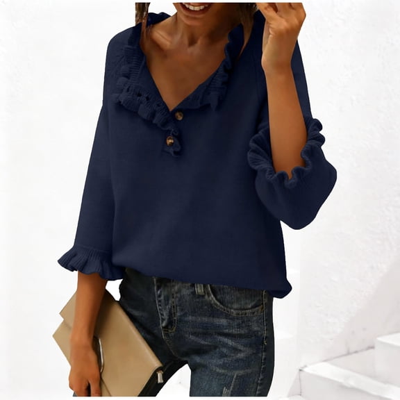 NTACZA 3/4 Sleeve Ladies Sweaters V Neck Elegant Blue Sweater Dressy Work Ruffle Knit Shirt Ladies Jumpers L