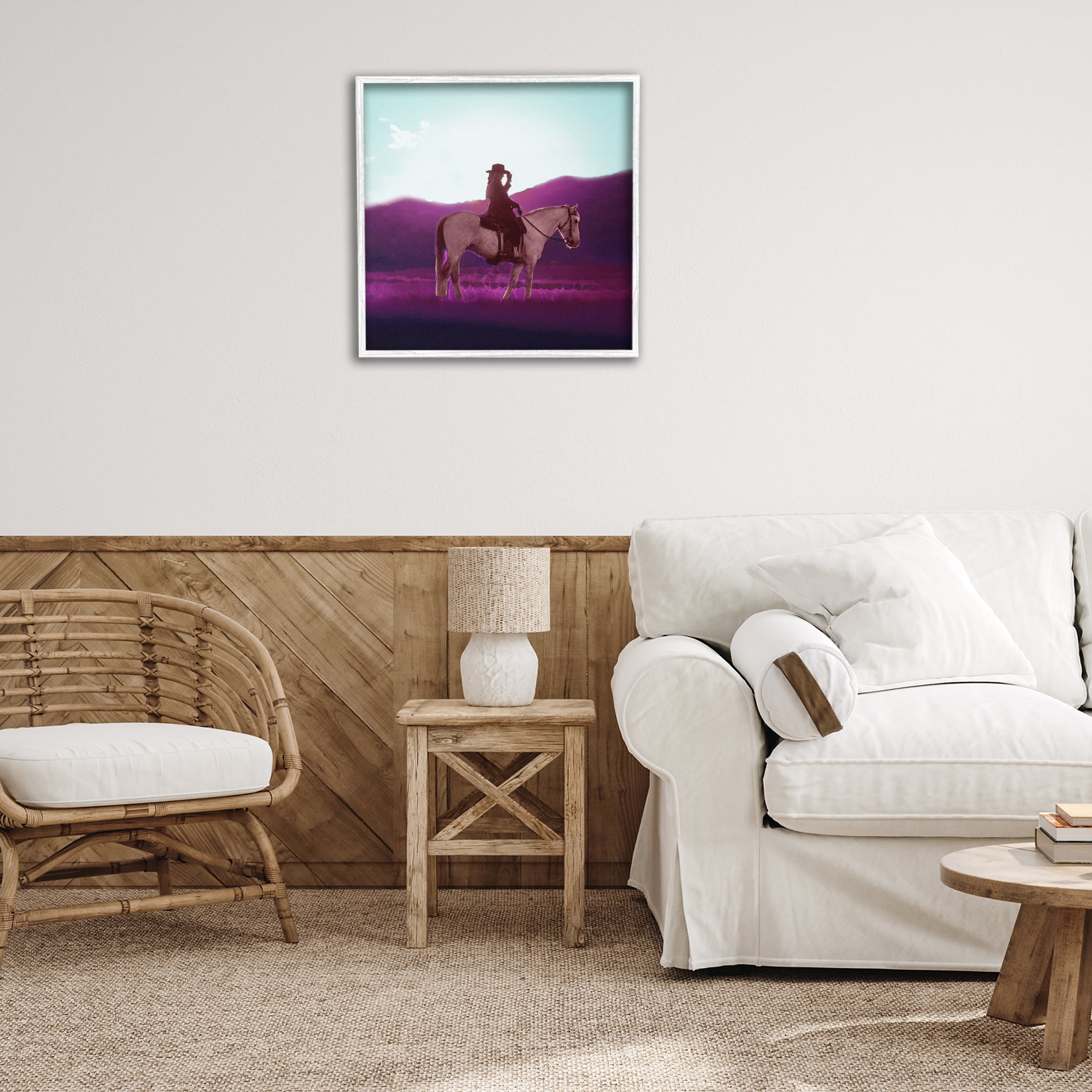 Stupell Industries Cowgirl & Purple Mountains Animals & Insects Painting White Framed Art Print Wall Art, 24 x 24