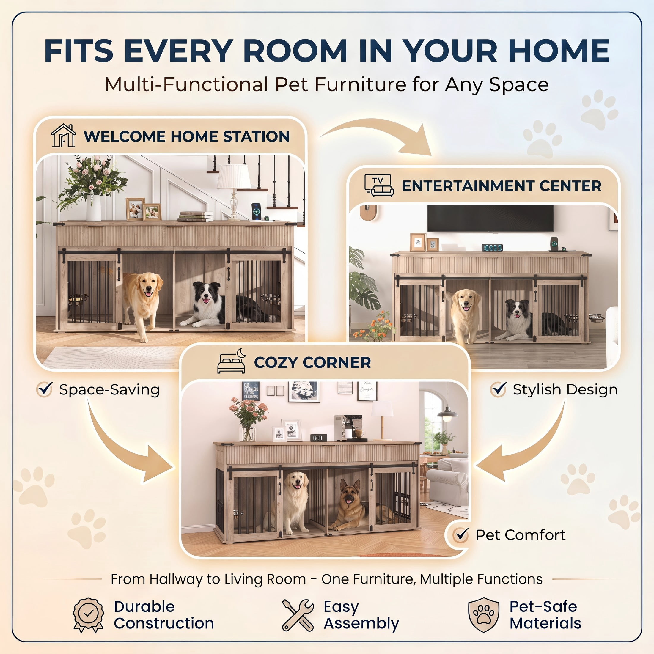 Noble House 71" Double Dog Crate Furniture with Fluted Drawers, Large Kennel with Charging Station, Plaid Grey Oak