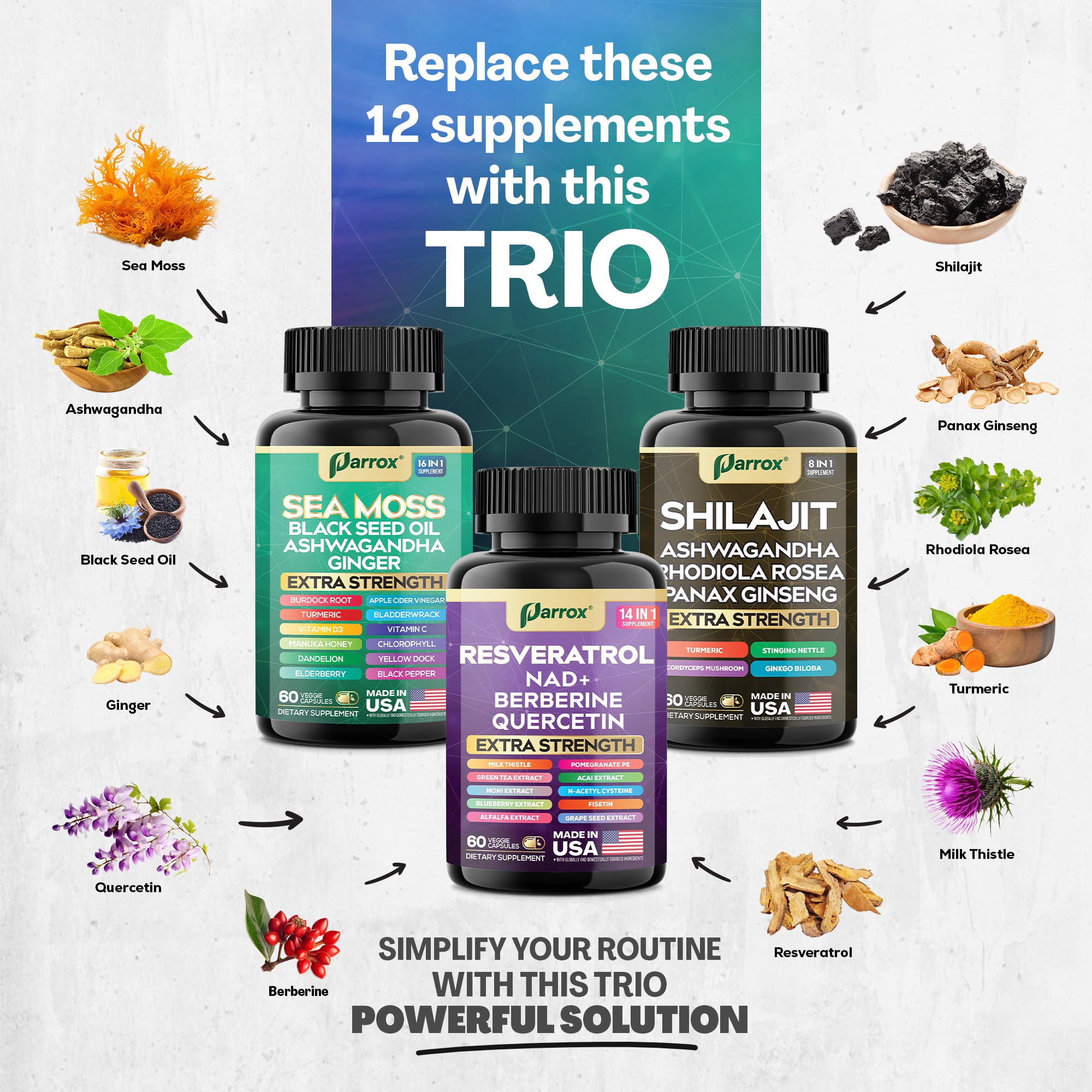 Parrox Advanced Wellness Trio - Sea Moss, Black Seed Oil, Ashwagandha, Burdock Root, Resveratrol, NAD+, Quercetin, Berberine, Grape Seed Extract, Panax Ginseng,Ginkgo Biloba, Rhodiola Rosea, Turmeric