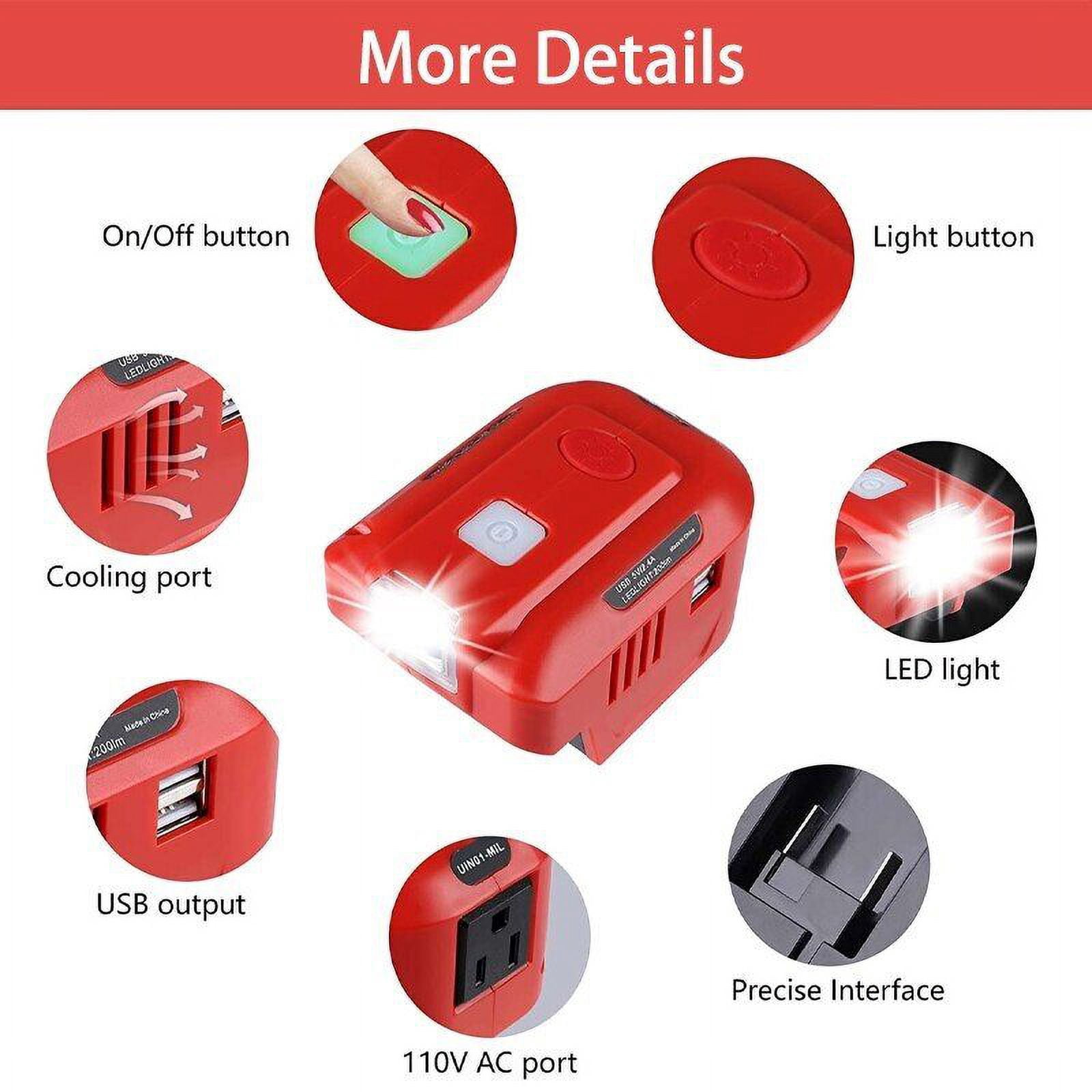 150W Phone Charger Adapter for Milwaukee M18 18V, URUN DC 18V to AC 120V Power Inverter Generator, Top Off Inverter Power Supply for Milwaukee with USB Port & LED Light & AC Outlet(No Battery)