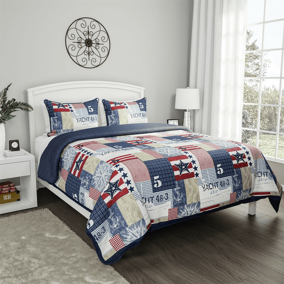 Patchwork Nautical Americana Quilted Bedspread Coverlet Set Colorful, Full/Queen