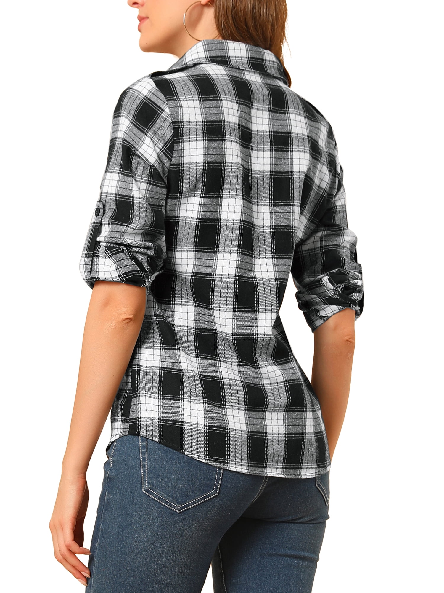 Unique Bargains Women's Halloween Costume Check Roll Up Sleeves Button Down Shirt