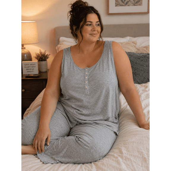 Women's Sleeveless Henley Sleep Tank Top Gray Plus Size 3X Lounge Shirt