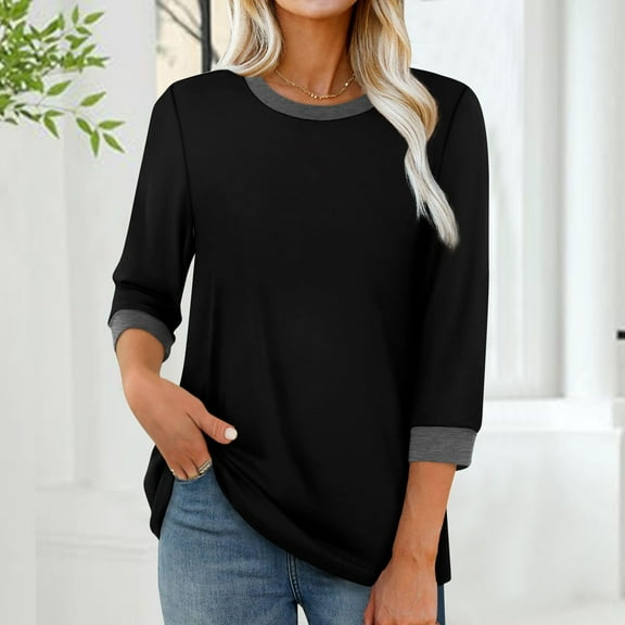 Karight Sweatshirts for Women Crewneck 3/4 Length Sleeve Loose Fit Tops Dressy Casual Color Block Ribbed Trim Blouses