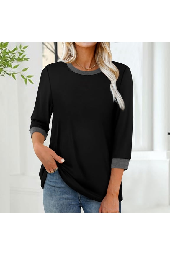 Trendy Womens Tshirts 3/4 Length Sleeve Black Loose Fit T Shirt Ringer Crewneck Casual Womens Fall Fashion,M