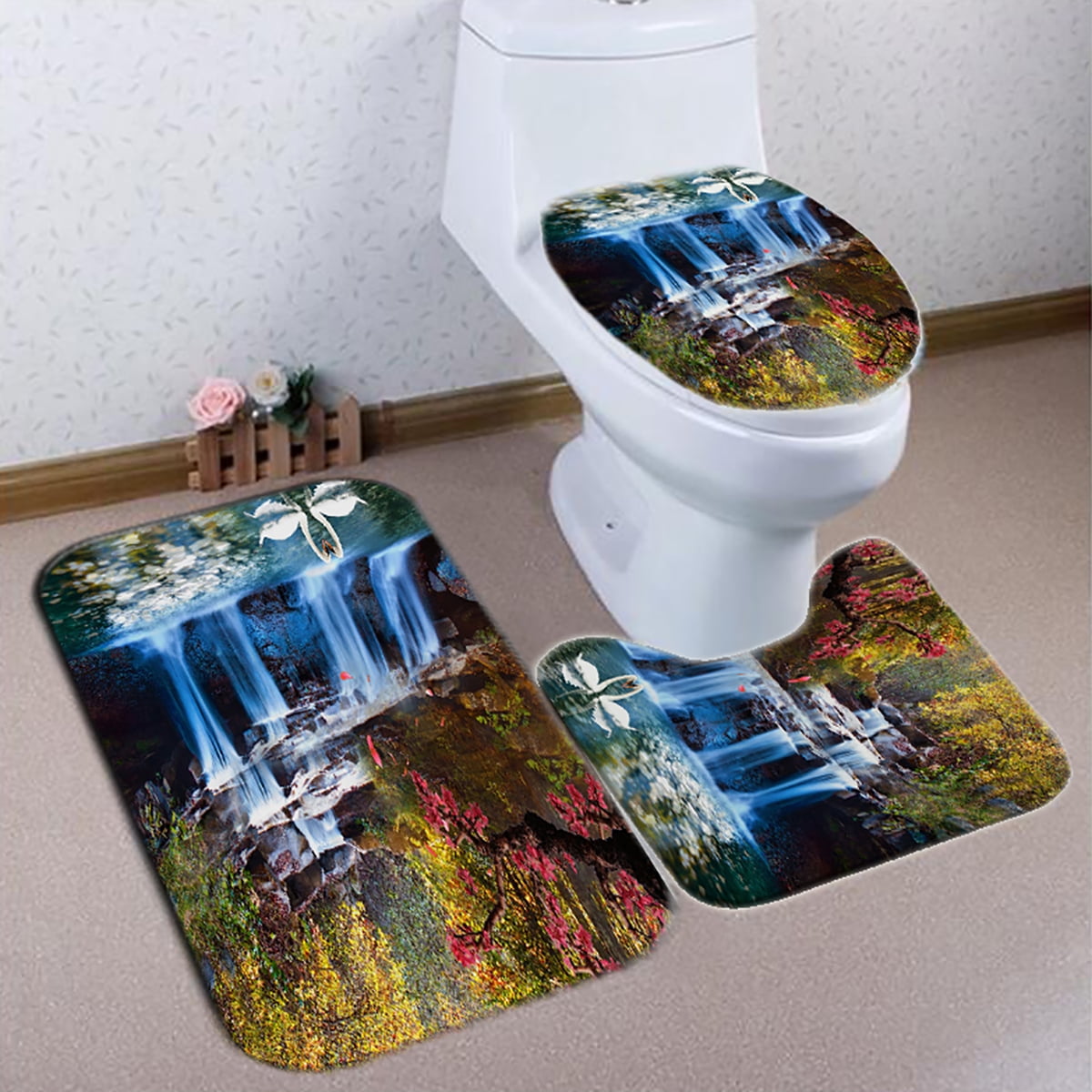 FA 3Pcs Pebbles Bath /& Pedestal Mat Toilet Lid Cover Non Slip Bathroom Rugs Nov