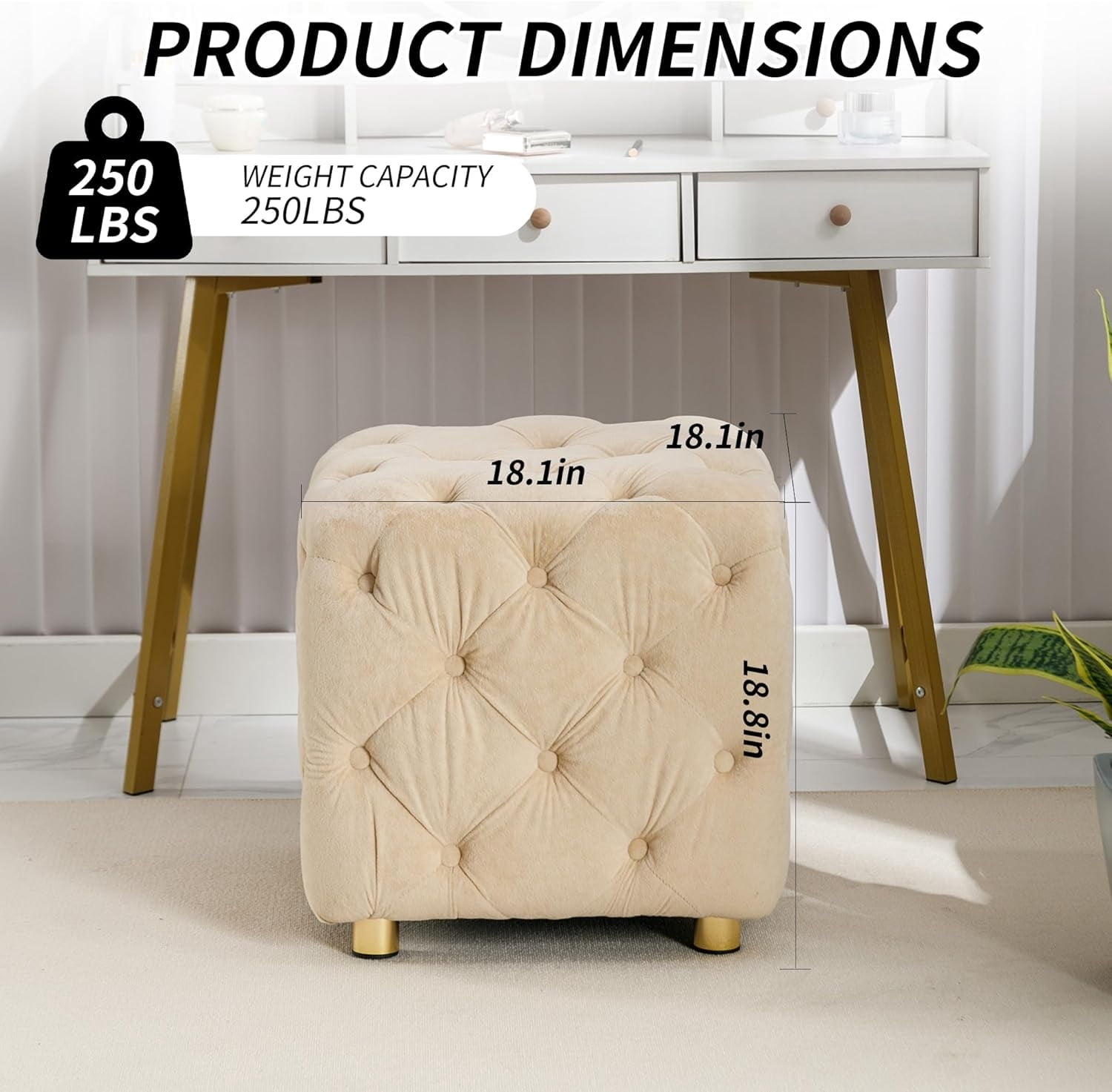 LEHZROAJ Button Tufted Velvet Vanity Stool with Metal Legs, Modern Makeup Ottoman, Upholstered Foot Rest Footstool for Living Room Bedroom （Beige）