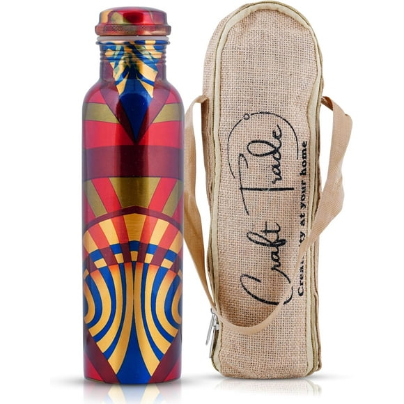 czcpp-Printed Pure Copper Bottle with Lid and Carry Bag for Drinking Water BPA Free Leak Proof Boosts Immunity, Supports Digestive & Liver Health, Ayurveda Inspired 34oz - 1 Litre Multi