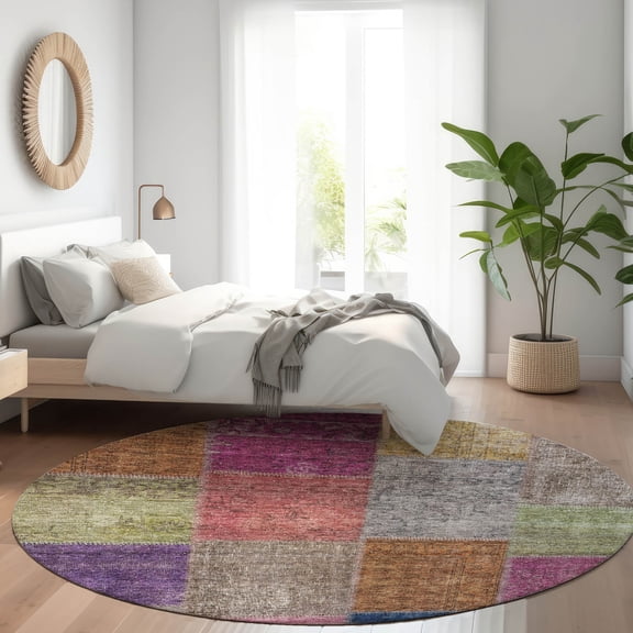 Addison Rugs Chantille Indoor/Outdoor Transitional Patchwork Copper Washable Round Rug, 8' x 8'