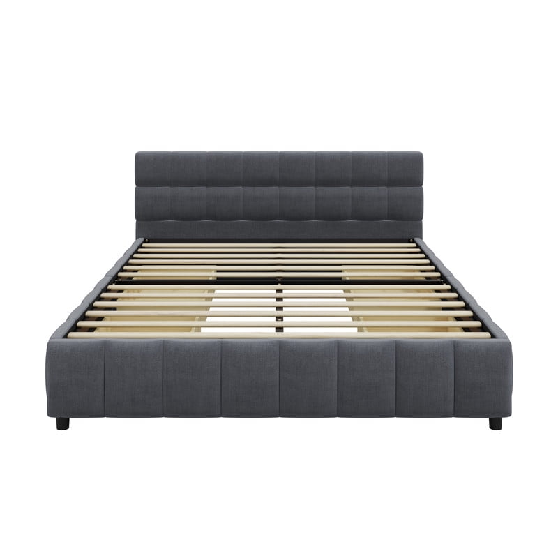 Queen Size Low Profile Platform Bed with Tufted Headboard, Linen Fabric Padded Storage Upholstered Bed Frame with 4 Drawers