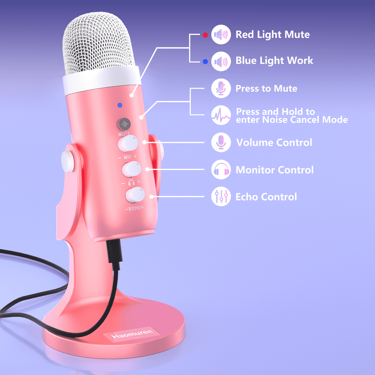 Haomuren Pink USB Gaming Microphone for PC/Phone/PS5, Studio Mic with Mute, Echo, Gain & Monitor Control for Streaming, Podcast, ASMR, Vocal
