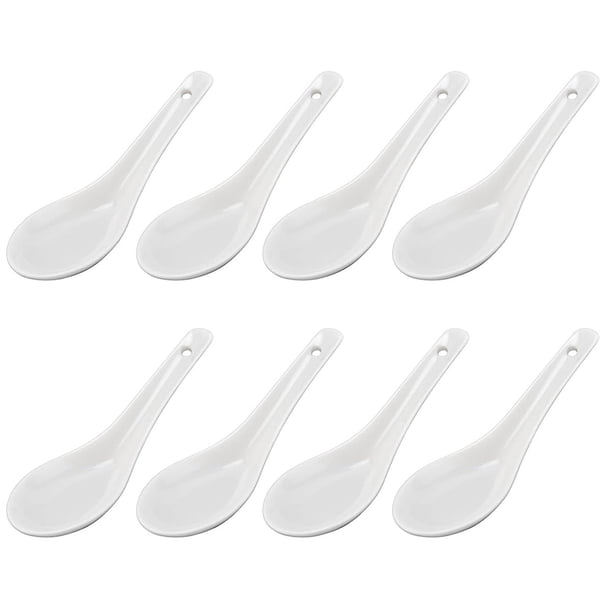 Delicias asiáticas: cucharas de sopa de cerámica blanca, porcelana resistente fabricada para resistir el calor, diseño ergonómico con gancho para cuchara que garantiza un agarre antideslizante, para