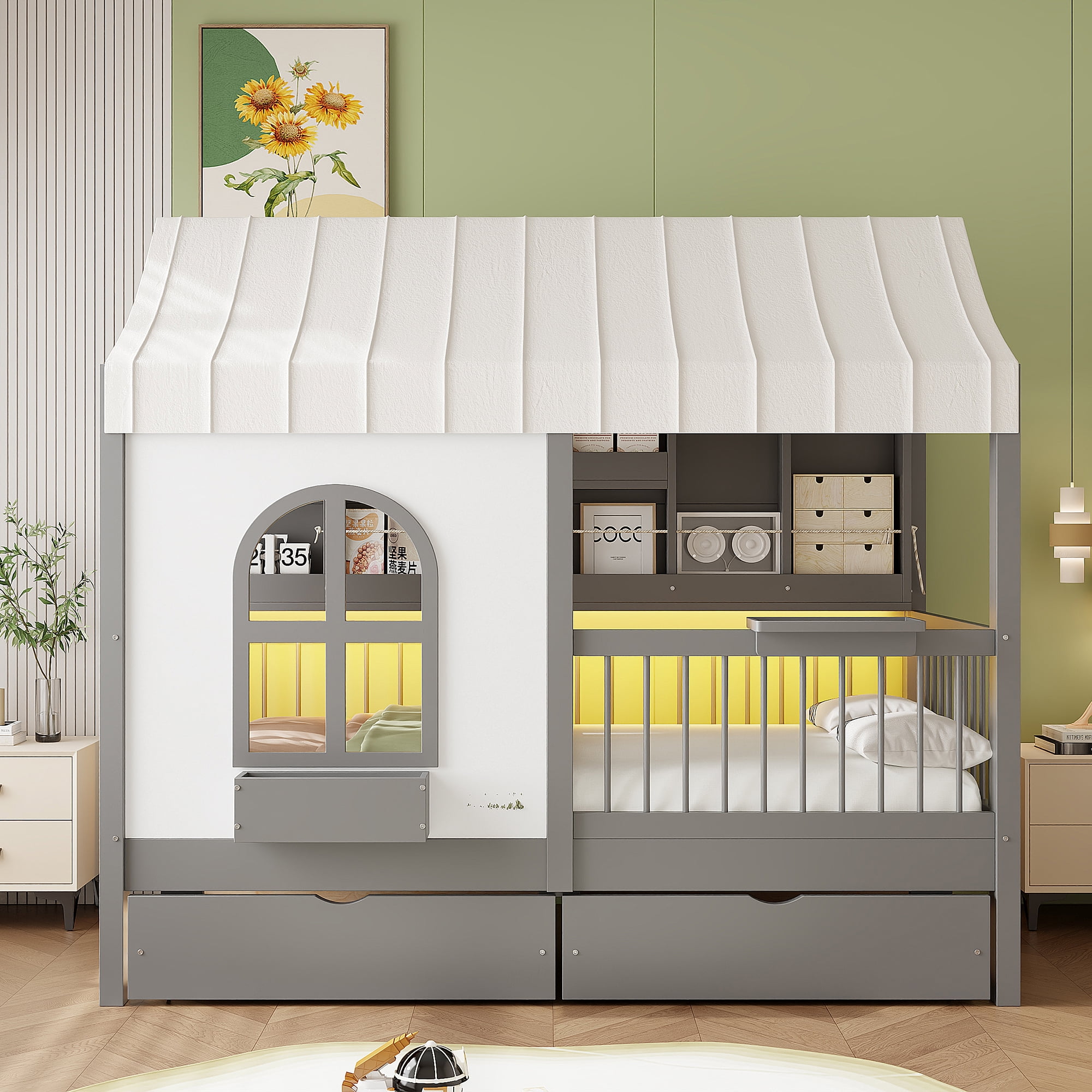 Mintazer Kids Twin Storage House Platform Bed with LED Light, Charging Station, Roof, 2 Large Drawers & Side Bookshelf for Bedroom, Gray