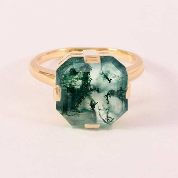 Solitaire Asscher Cut Moss Agate Ring, Vintage Ring, Statement Ring, 925 Sterling Silver Ring, Large Heavy Ring, Gift For Her.