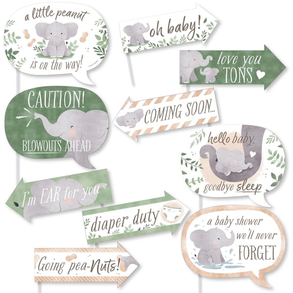 Big Dot of Happiness Funny Elephant Photo Booth Props Kit, Little Peanut-Themed Puns for Baby Shower Decorations, Elephant Party Supplies - 10 Count Selfie Prop Sticks