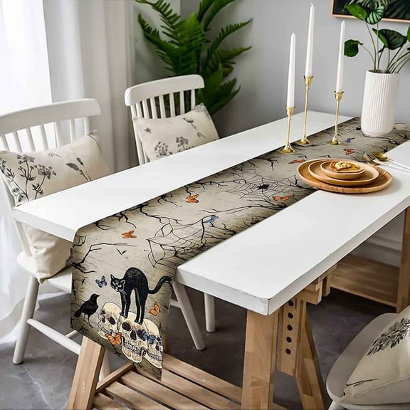 Fiudx Mantel de Halloween, Diseño de Calavera Gótica, Estampado de Rosas Del Día de Muertos, Decoración Espeluznante para El Hogar, Decoración de Mesa para 4-6 Personas, Tela de Lino, Tamaño 33 X 183