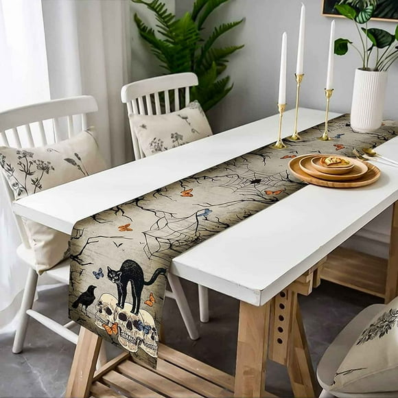 ABPWLY Linen Halloween Tablecloth Halloween Gothic Skull Tablecloth Day of The Dead Roses Skull Decor Halloween Decorations and Supplies for Home Table 13 × 72in Clearance Home Organization Canada Day