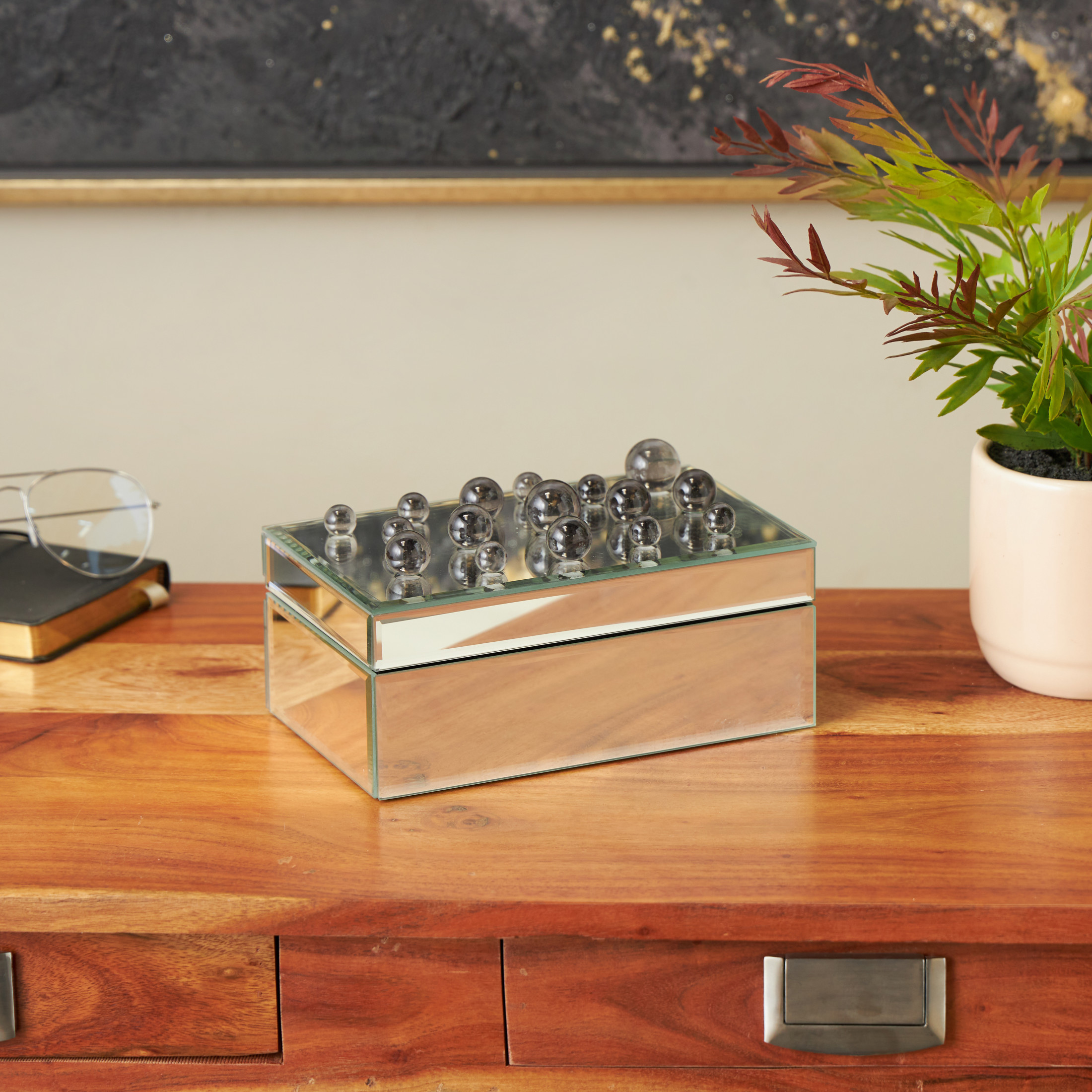 DecMode Mirrored Silver Glass Decorative Jewelry Box with Black Bubble Textured Balls