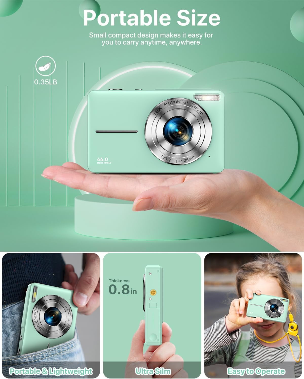ACTITOP Digital Camera FHD1080P 44MP Portable Camera for Kids 2.4"LCD Screen Small Video Camera with 32G Card